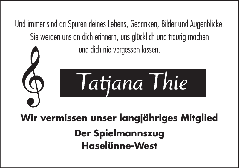  Traueranzeige für Tatjana Thie vom 26.10.2018 aus Neue Osnabrücker Zeitung GmbH & Co. KG