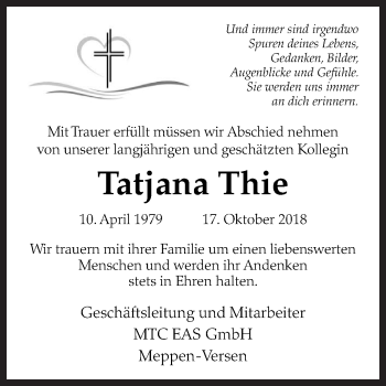 Traueranzeige von Tatjana Thie von Neue Osnabrücker Zeitung GmbH & Co. KG