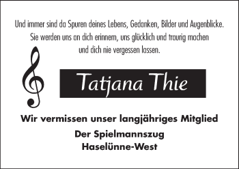 Traueranzeige von Tatjana Thie von Neue Osnabrücker Zeitung GmbH & Co. KG