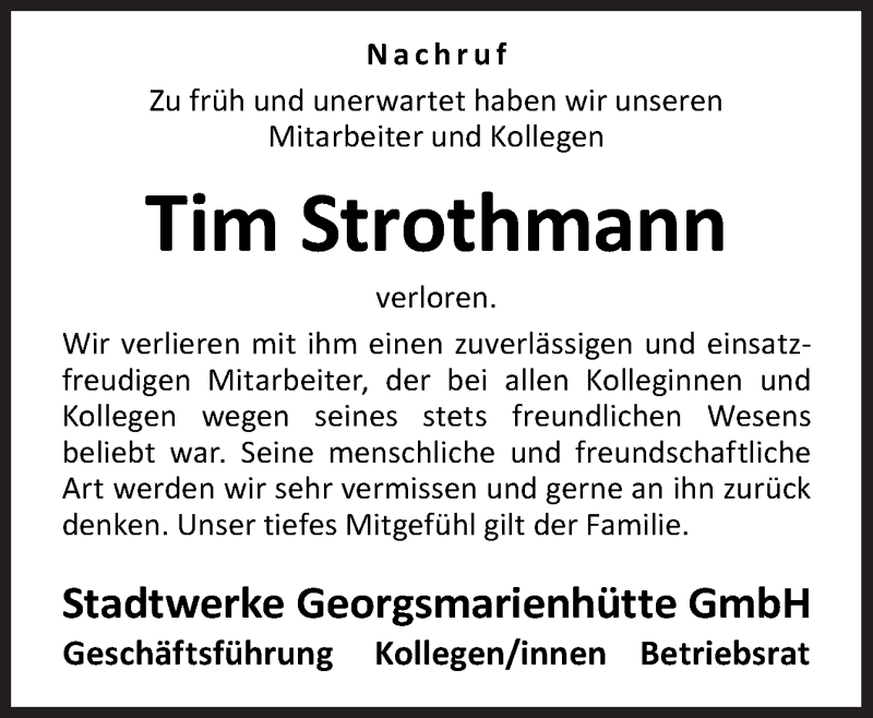  Traueranzeige für Tim Strothmann vom 18.10.2018 aus Neue Osnabrücker Zeitung GmbH & Co. KG