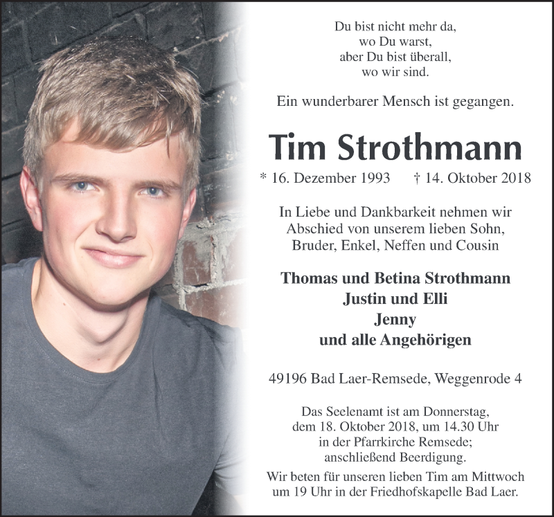  Traueranzeige für Tim Strothmann vom 16.10.2018 aus Neue Osnabrücker Zeitung GmbH & Co. KG