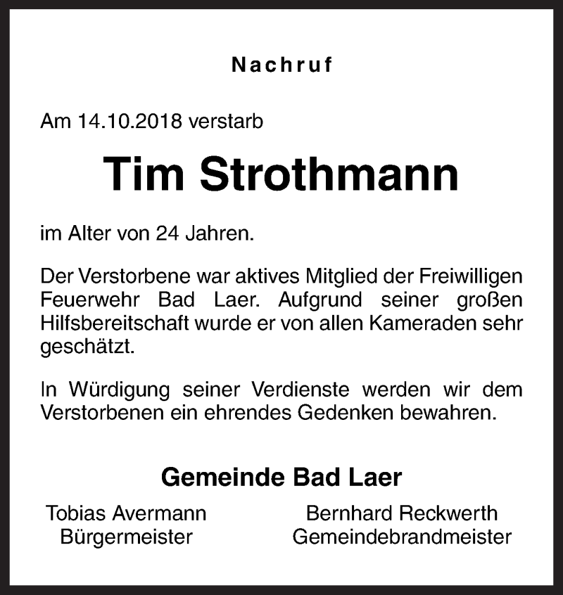  Traueranzeige für Tim Strothmann vom 17.10.2018 aus Neue Osnabrücker Zeitung GmbH & Co. KG