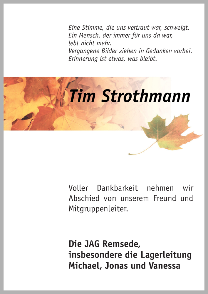  Traueranzeige für Tim Strothmann vom 16.10.2018 aus Neue Osnabrücker Zeitung GmbH & Co. KG