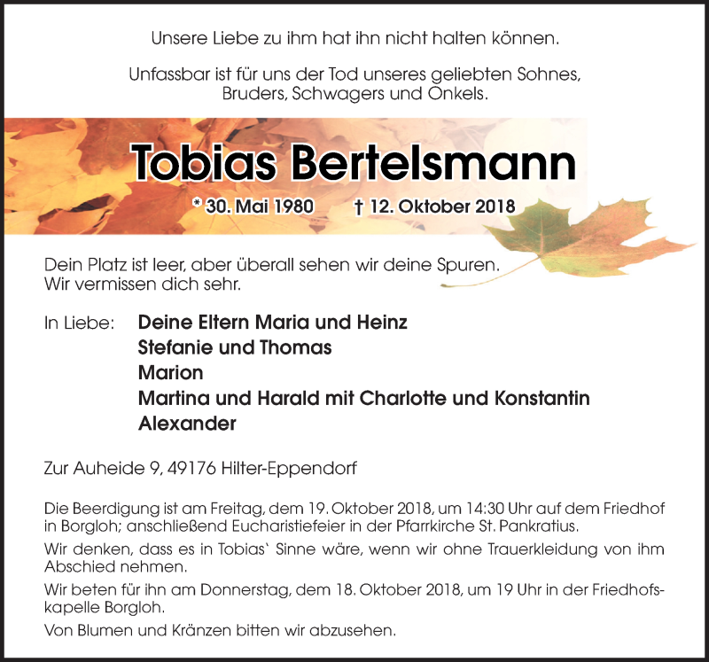  Traueranzeige für Tobias Bertelsmann vom 17.10.2018 aus Neue Osnabrücker Zeitung GmbH & Co. KG