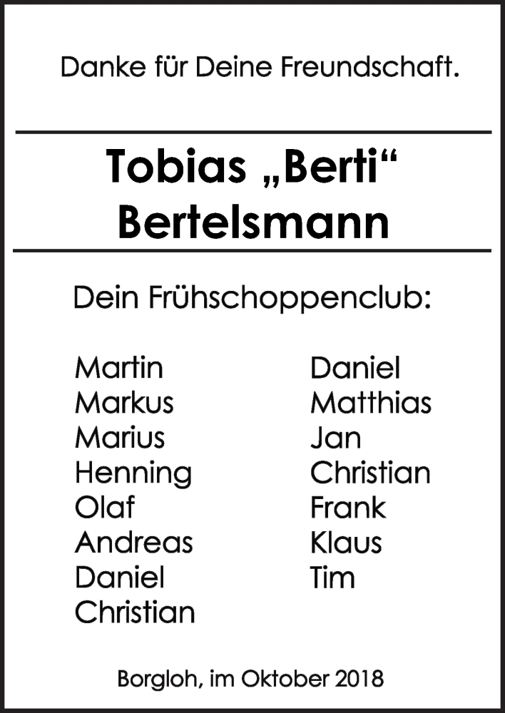  Traueranzeige für Tobias Bertelsmann vom 19.10.2018 aus Neue Osnabrücker Zeitung GmbH & Co. KG