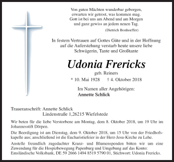 Traueranzeige von Udonia Frericks von Neue Osnabrücker Zeitung GmbH & Co. KG
