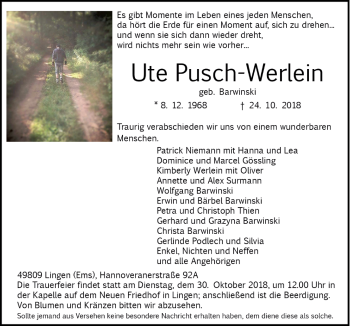 Traueranzeige von Ute Pusch-Werlein von Neue Osnabrücker Zeitung GmbH & Co. KG