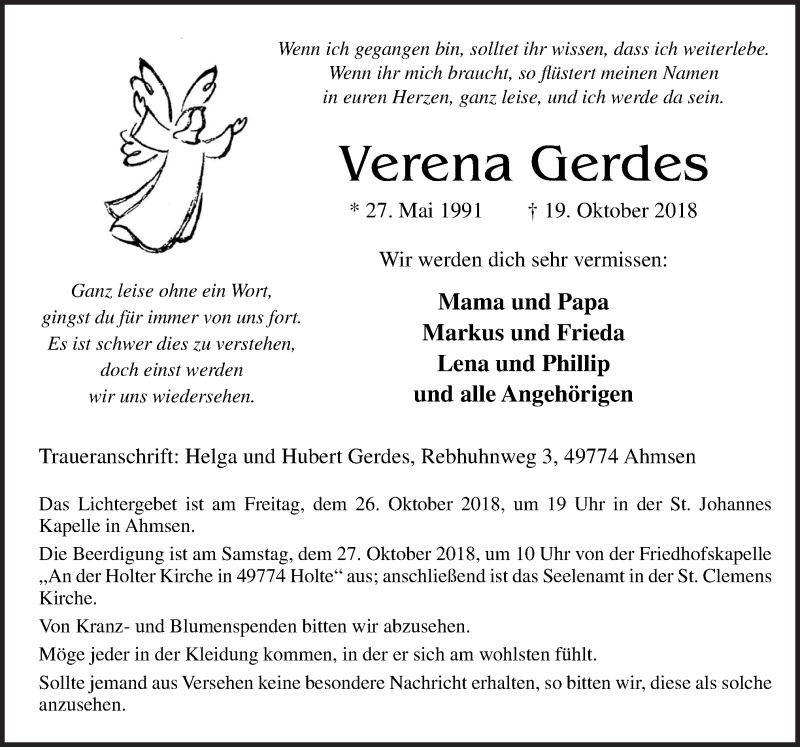  Traueranzeige für Verena Gerdes vom 24.10.2018 aus Neue Osnabrücker Zeitung GmbH & Co. KG