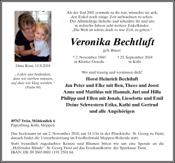 Traueranzeige von Veronika Bechtluft von Neue Osnabrücker Zeitung GmbH & Co. KG