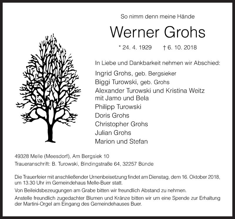  Traueranzeige für Werner Grohs vom 12.10.2018 aus Neue Osnabrücker Zeitung GmbH & Co. KG