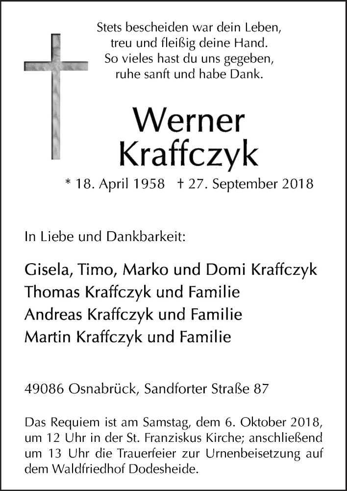  Traueranzeige für Werner Kraffczyk vom 02.10.2018 aus Neue Osnabrücker Zeitung GmbH & Co. KG