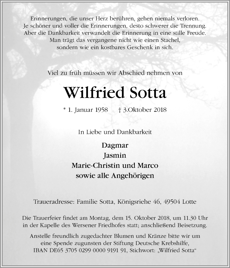  Traueranzeige für Wilfried Sotta vom 06.10.2018 aus Neue Osnabrücker Zeitung GmbH & Co. KG