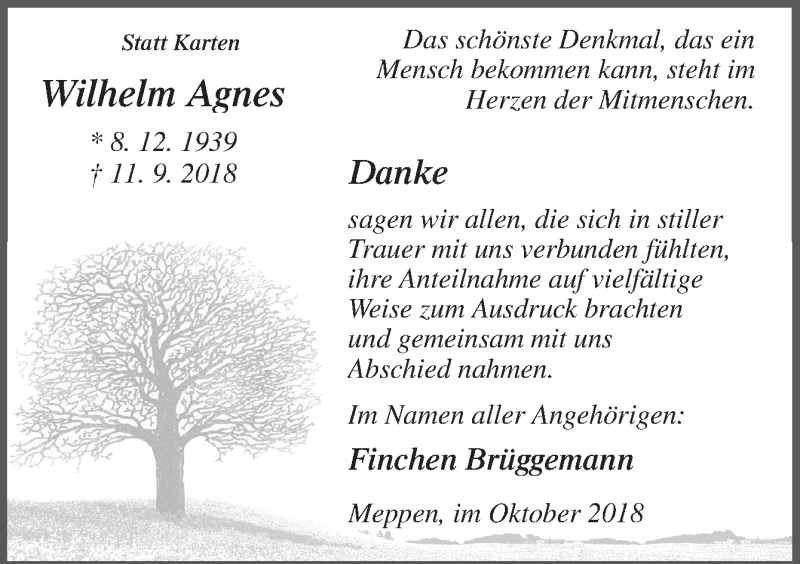  Traueranzeige für Wilhelm Agnes vom 25.10.2018 aus Neue Osnabrücker Zeitung GmbH & Co. KG