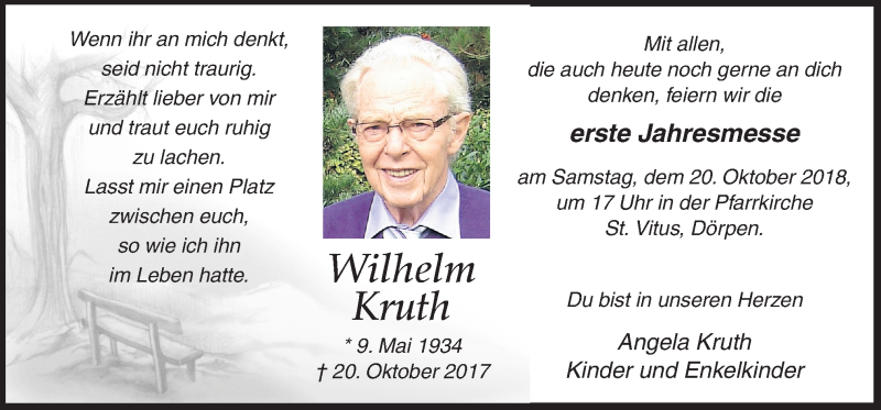  Traueranzeige für Wilhelm Kruth vom 18.10.2018 aus Neue Osnabrücker Zeitung GmbH & Co. KG