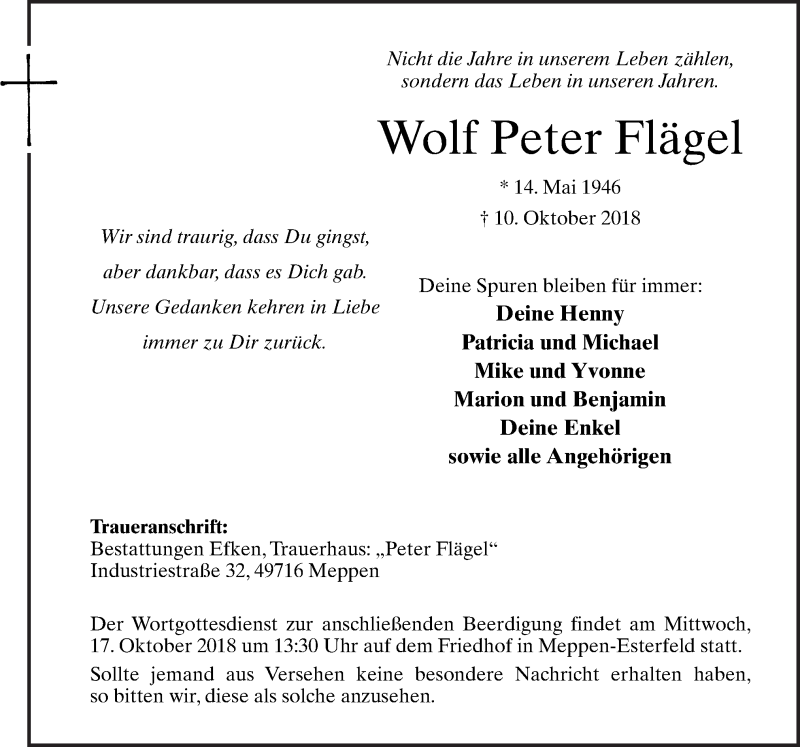  Traueranzeige für Wolf Peter Flägel vom 13.10.2018 aus Neue Osnabrücker Zeitung GmbH & Co. KG