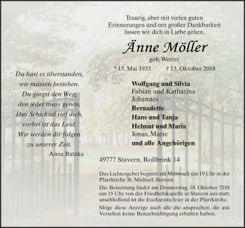 Traueranzeige von Änne Möller von Neue Osnabrücker Zeitung GmbH & Co. KG