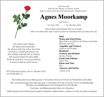 Traueranzeige von Agnes Moorkamp von Neue Osnabrücker Zeitung GmbH & Co. KG