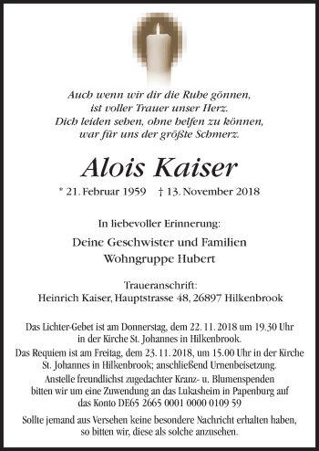 Traueranzeige von Alois Kaiser von Neue Osnabrücker Zeitung GmbH & Co. KG