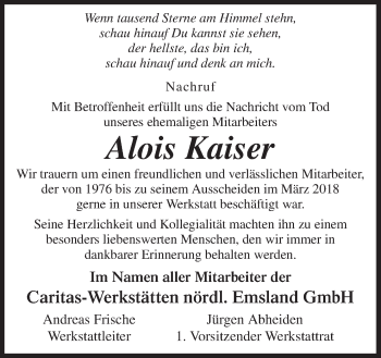 Traueranzeige von Alois Kaiser von Neue Osnabrücker Zeitung GmbH & Co. KG