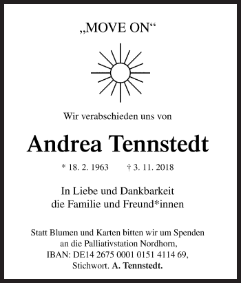 Traueranzeige von Andrea Tennstedt von Neue Osnabrücker Zeitung GmbH & Co. KG