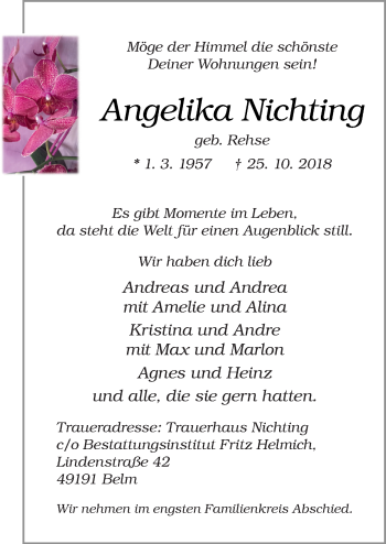 Traueranzeige von Angelika Nichting von Neue Osnabrücker Zeitung GmbH & Co. KG