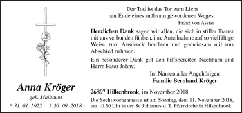 Traueranzeige von Anna Kröger von Neue Osnabrücker Zeitung GmbH & Co. KG