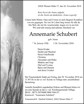 Traueranzeige von Annemarie Schubert von Neue Osnabrücker Zeitung GmbH & Co. KG