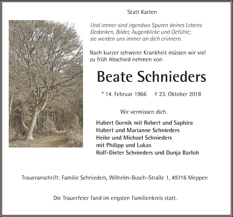 Traueranzeige für Beate Schnieders vom 17.11.2018 aus Neue Osnabrücker Zeitung GmbH & Co. KG