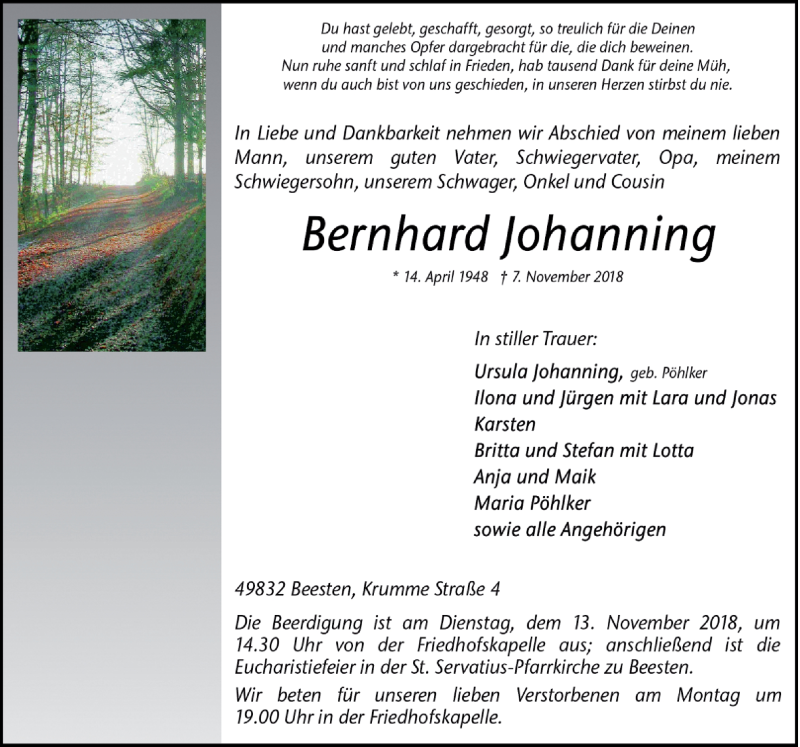  Traueranzeige für Bernhard Johanning vom 10.11.2018 aus Neue Osnabrücker Zeitung GmbH & Co. KG