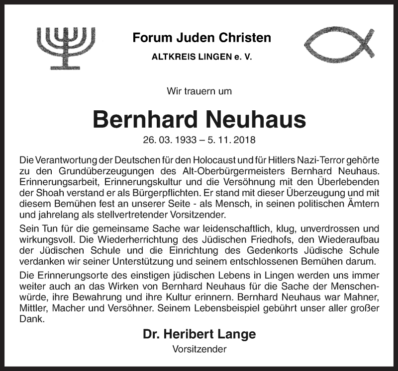  Traueranzeige für Bernhard Neuhaus vom 10.11.2018 aus Neue Osnabrücker Zeitung GmbH & Co. KG