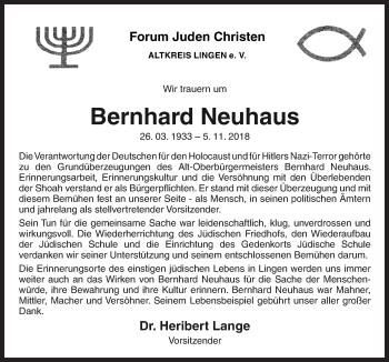 Traueranzeige von Bernhard Neuhaus von Neue Osnabrücker Zeitung GmbH & Co. KG