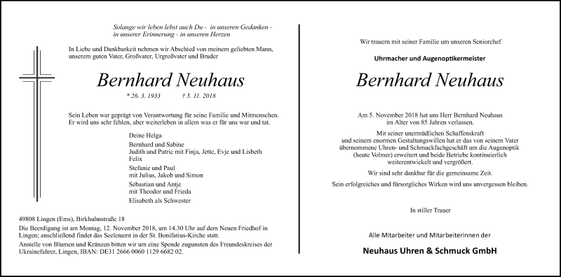  Traueranzeige für Bernhard Neuhaus vom 08.11.2018 aus Neue Osnabrücker Zeitung GmbH & Co. KG