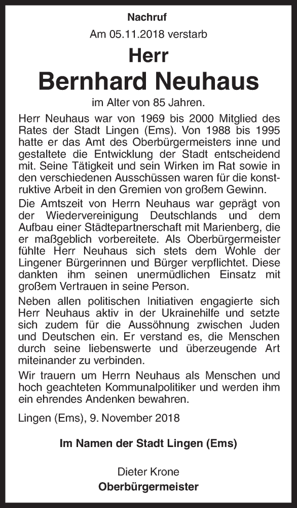  Traueranzeige für Bernhard Neuhaus vom 10.11.2018 aus Neue Osnabrücker Zeitung GmbH & Co. KG