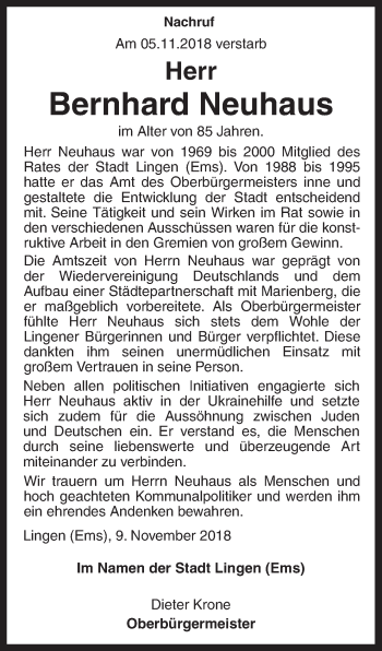 Traueranzeige von Bernhard Neuhaus von Neue Osnabrücker Zeitung GmbH & Co. KG