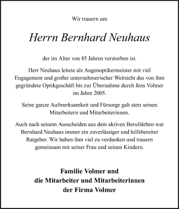 Traueranzeige von Bernhard Neuhaus von Neue Osnabrücker Zeitung GmbH & Co. KG