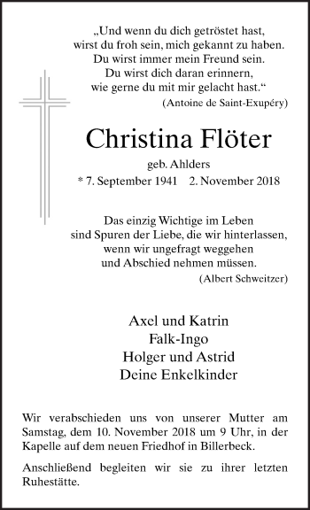 Traueranzeige von Christina Flöter von Neue Osnabrücker Zeitung GmbH & Co. KG