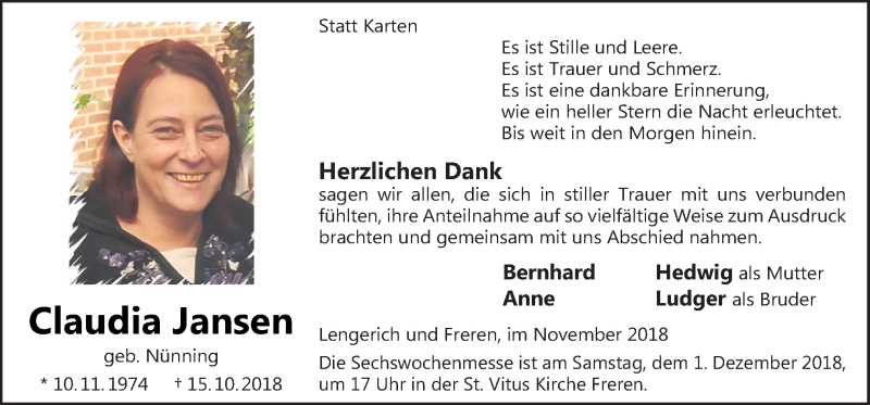  Traueranzeige für Claudia Jansen vom 28.11.2018 aus Neue Osnabrücker Zeitung GmbH & Co. KG