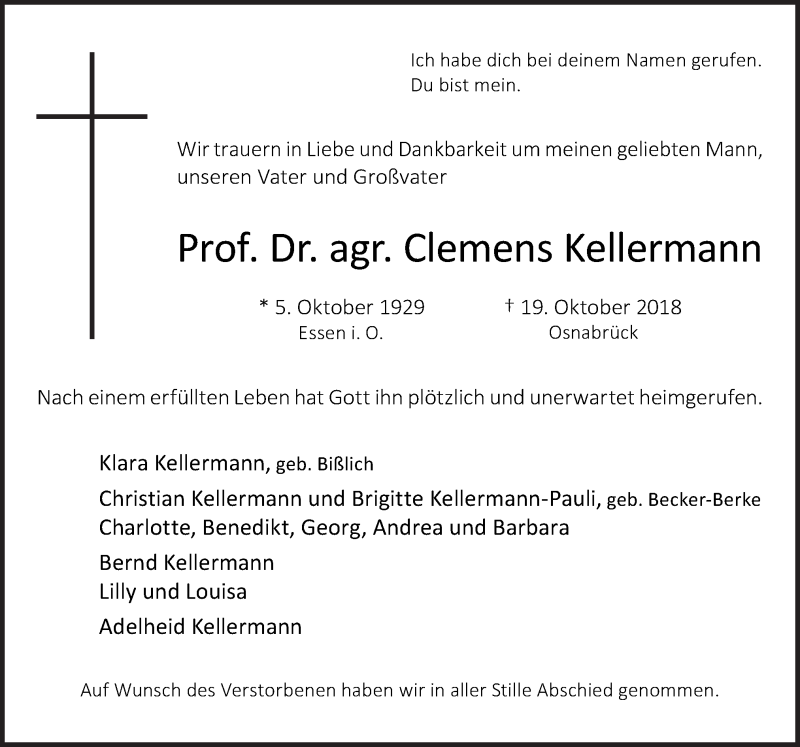  Traueranzeige für Clemens Kellermann vom 03.11.2018 aus Neue Osnabrücker Zeitung GmbH & Co. KG