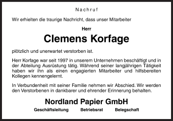 Traueranzeige von Clemens Korfage von Neue Osnabrücker Zeitung GmbH & Co. KG