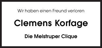 Traueranzeige von Clemens Korfage von Neue Osnabrücker Zeitung GmbH & Co. KG