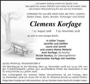 Traueranzeige von Clemens Korfage von Neue Osnabrücker Zeitung GmbH & Co. KG