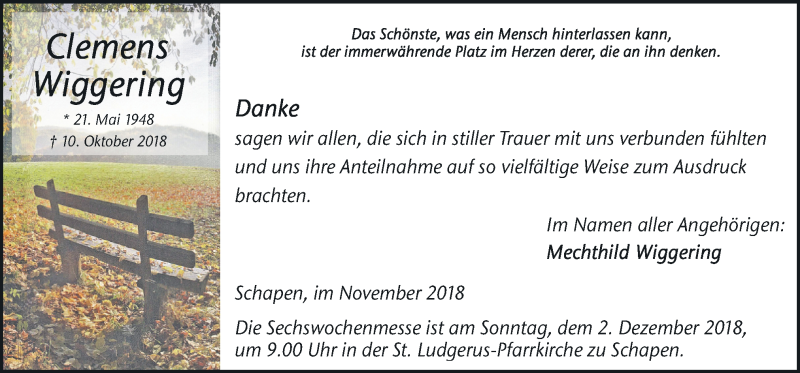  Traueranzeige für Clemens Wiggering vom 28.11.2018 aus Neue Osnabrücker Zeitung GmbH & Co. KG