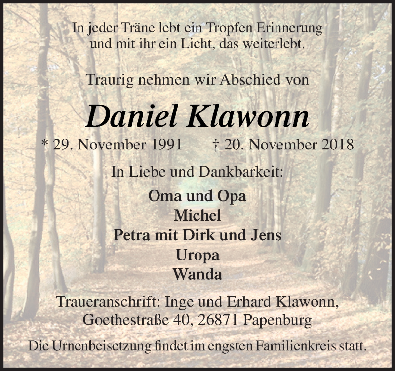  Traueranzeige für Daniel Klawonn vom 24.11.2018 aus Neue Osnabrücker Zeitung GmbH & Co. KG