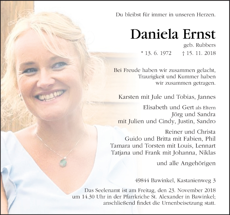  Traueranzeige für Daniela Ernst vom 19.11.2018 aus Neue Osnabrücker Zeitung GmbH & Co. KG