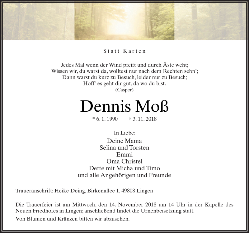  Traueranzeige für Dennis Moß vom 10.11.2018 aus Neue Osnabrücker Zeitung GmbH & Co. KG