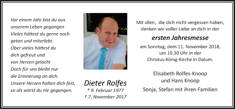  Traueranzeige für Dieter Rolfes vom 07.11.2018 aus Neue Osnabrücker Zeitung GmbH & Co. KG
