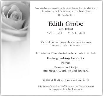 Traueranzeige von Edith Grobe von Neue Osnabrücker Zeitung GmbH & Co. KG