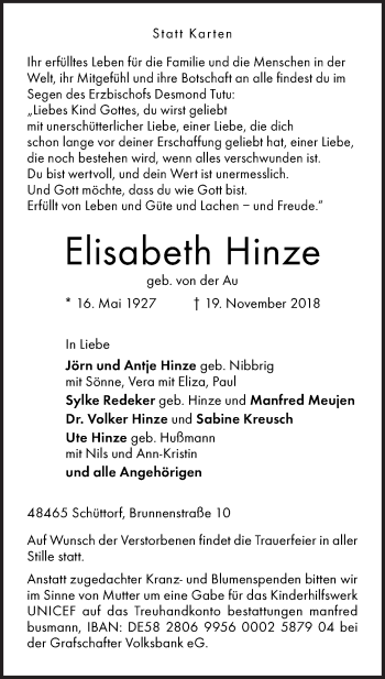 Traueranzeige von Elisabeth Hinze von Neue Osnabrücker Zeitung GmbH & Co. KG