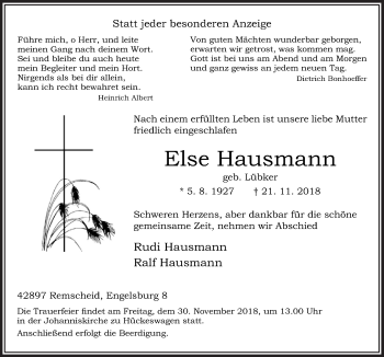 Traueranzeige von Else Hausmann von Neue Osnabrücker Zeitung GmbH & Co. KG