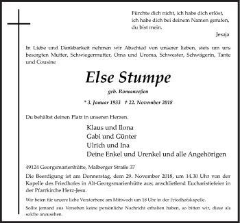 Traueranzeige von Else Stumpe von Neue Osnabrücker Zeitung GmbH & Co. KG